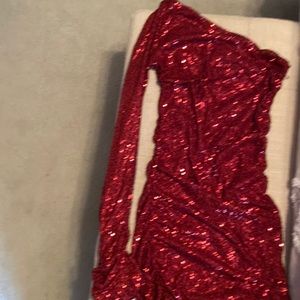 Red sequin off the shoulder mini dress